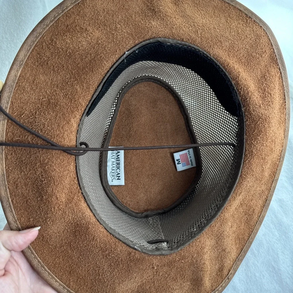 American Hat Makers Breeze Leather & Mesh Sun Hat Sz M Wide Brim UPF50 Chin Stir